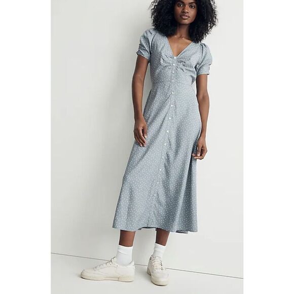 Madewell Leedra Midi Dress – Size 6 NWT | Still Dawn Blue Dot Button-Front Summe - Picture 1 of 9